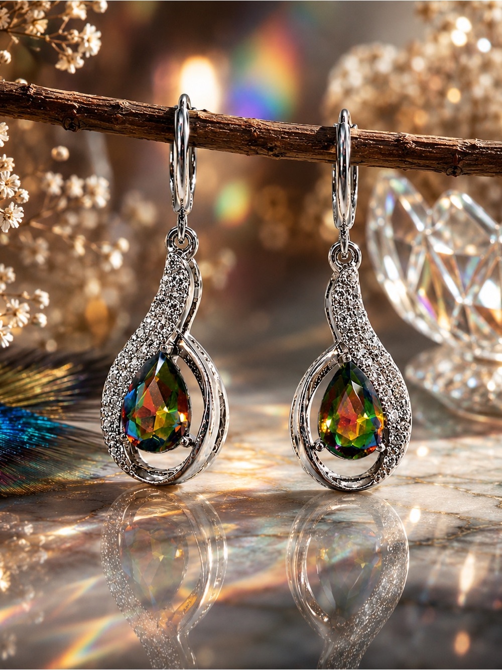 Mystic Rainbow Crystal Teardrop Earrings, Silver Tone Pave Glam
